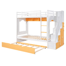 Load image into Gallery viewer, iRerts Wood Bunk Bed Twin over Twin , Modern Twin Over Twin Bunk Bed with Trundle, Storage Cabinet, Stairs and Ladders, Twin Bunk Beds for Kids Teens Adults Bedroom, White/Yellow