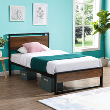 Load image into Gallery viewer, iRerts Twin Platform Bed Frame with Headboard, Industrial Metal Twin Bed Frame with Slat Support, Modern Bed Frame Twin Size for Adults Teens Kids Bedroom, No Box Spring Needed, Brown