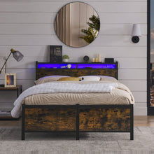 Load image into Gallery viewer, iRerts Full Bed Frame with LED Lights, Industrial Metal Full Platform Bed Frame with Headboard, Charging Station, Storage Shelves, Full Size Bed Frame No Box Spring Needed for Bedroom, Black