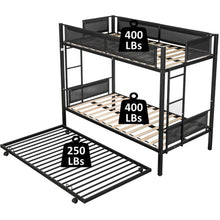 Load image into Gallery viewer, iRerts Twin over Twin Bunk Bed with Trundle, Heavy Duty Metal Bunk Bed with 2 Ladders and Safety Texteline Guardrail, Bunk Bed Twin over Twin for Kids Teens Adults Bedroom, No Box Spring Needed, Black