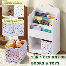 Load image into Gallery viewer, iRerts Kids Bookshelf, Wood 4 Tier Kids Toddler Bookcase with 3 Shelves Book Organizer, 2 Moveable Storage Boxes, Kids Book Shelf Organizer Book Rack Sling Book Display Stand for Kids Bedroom, White