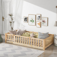 Load image into Gallery viewer, iRerts Twin Floor Bed Frame for Kids Toddlers, Wood Low Floor Twin Size Bed Frame with Fence Guardrail and Door, kids Twin Bed for Boys Girls, No Box Spring Needed, Natural