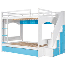 Load image into Gallery viewer, iRerts Wood Bunk Bed Full over Full, Modern Full Over Full Bunk Bed with Trundle, Storage Cabinet, Stairs and Ladders, Full Bunk Beds for Kids Teens Adults Bedroom, White/Blue