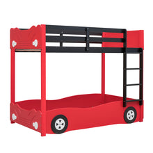 Load image into Gallery viewer, iRerts Wood Twin over Twin Bunk Bed, Car-Shaped Bunk Beds for Kids Boys Girls, Kids Bunk Beds Twin over Twin with Wheels, Full-Length Guardrail, Ladder, No Box Spring Needed, Red