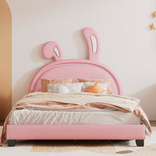 Load image into Gallery viewer, iRerts Full Size Upholstered Platform Bed, Cute Full Bed Frame for Kids Teens Bedroom, Full Platform Bed Frame with Rabbit Ears Headboard, Kids Full Bed Frame No Box Spring Needed, Pink