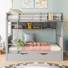 Load image into Gallery viewer, iRerts Bunk Bed with Trundle, Wood Full Over Full Bunk Bed with Bookshelf and Guardrail, Space Saving Full Bunk Bed No Box Spring Needed, Separable Bunk Bed for Adults Teens Kids Bedroom, Gray