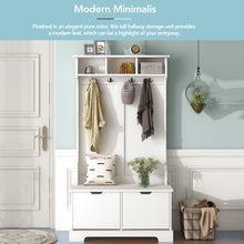 Load image into Gallery viewer, Hall Trees for Entryway, iRerts Modern Hall Tree with Shoe Storage Bench, Wood 3-in-1 Entryway Coat Rack with 4 Hooks and 2 Flip Shoe Drawers, Wood Hall Tree for Entrance Entryway Hallway, White