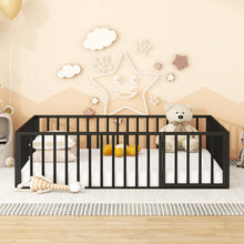 Load image into Gallery viewer, iRerts Queen Floor Bed Frame, Metal Queen Size Montessori Floor Bed Frame with Fence and Door, Kids Toddler Floor Bed Frame Queen Size for Girls Boys, Twin Bed Frame without Bed Slats, Black