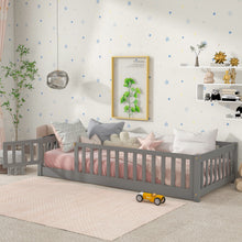 Load image into Gallery viewer, iRerts Twin Floor Bed Frame for Kids Toddlers, Wood Low Floor Twin Size Bed Frame with Fence Guardrail and Door, kids Twin Bed for Boys Girls, No Box Spring Needed, Gray