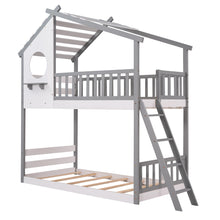 Load image into Gallery viewer, iRerts House Bunk Bed Twin Over Twin Wood House Bed Frame with Roof, Twin Low Bunk Beds with Ladder Guard Rail Window Stair for Kids Teens Girls Boys Bedroom, No Box Spring Needed, Gray