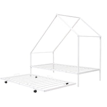 Load image into Gallery viewer, iRerts Twin Size House Platform Bed Frame with Trundle, Twin Metal Bed Frame for Kids Boys Girls, House Platform Bed frame Twin with Metal Slats, Kids Twin Bed Frame No Box Spring Needed, White