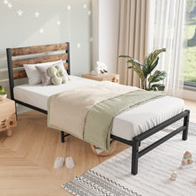 Load image into Gallery viewer, iRerts Twin Bed Frame, Industrial Metal Twin Platform Bed Frame, Twin Size Bed Frames with Headboard, Slat Support, Bed Frame Twin Size for Bedroom, No Box Spring Needed, Rustic Brown