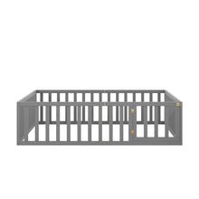Load image into Gallery viewer, iRerts Queen Floor Bed Frame for Kids Toddlers, Wood Montessori Low Floor Queen Size Bed Frame with Fence Guardrail and Door, kids Queen Bed for Boys Girls, Spring Needed, Gray