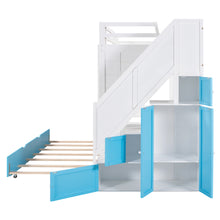 Load image into Gallery viewer, iRerts Wood Bunk Bed Twin over Twin , Modern Twin Over Twin Bunk Bed with Trundle, Storage Cabinet, Stairs and Ladders, Twin Bunk Beds for Kids Teens Adults Bedroom, White/Blue