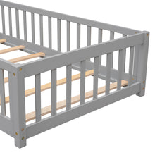 Load image into Gallery viewer, iRerts Twin size Floor Platform Bed, Wood Twin Floor Bed Frame for Kids Toddlers, Low Floor Twin Size Bed Frame with Fence Guardrail and Door, kids Twin Bed for Boys Girls, No Box Spring Needed, Gray