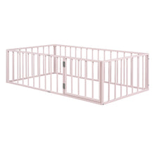 Load image into Gallery viewer, iRerts Twin Floor Bed Frame, Metal Twin Size Montessori Floor Bed Frame with Fence and Door, Kids Toddler Floor Bed Frame Twin Size for Girls Boys, Twin Bed Frame without Bed Slats, Pink