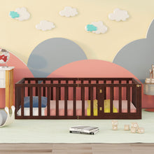 Load image into Gallery viewer, iRerts Twin Floor Bed Frame for Kids Toddlers, Wood Montessori Low Floor Twin Size Bed Frame with Fence Guardrail and Door, kids Twin Bed for Boys Girls, Spring Needed, Walnut