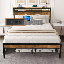 Load image into Gallery viewer, iRerts Full Platform Bed Frame with Storage, Metal Full Bed Frame with USB Ports, Storage Headboard, No Box Spring Needed, Industrial Bed Frame Full Size for Bedroom, Black Brown