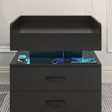 Load image into Gallery viewer, iRerts Bedside Table with Charging Station, Modern Nightstand for Bedroom with Plug Outlets, 2 USB Ports, 2 Drawers, 16 LED Lights, Wood Night Stands End Side Table for Bedroom Office, Black