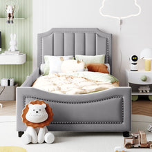 Load image into Gallery viewer, iRerts Upholstered Twin Platform Bed Frame, Velvet Twin Daybed Frame with Classic Stripe Shaped Headboard and Footboard, Wood Twin Size Sofa Bed for Kids Girls Boys, No Box Spring Needed, Gray