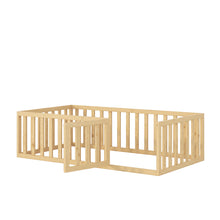Load image into Gallery viewer, iRerts Twin Floor Bed Frame for Kids Toddlers, Wood Montessori Low Floor Twin Size Bed Frame with Fence Guardrail and Door, kids Twin Bed for Boys Girls, Spring Needed, Natural