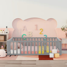 Load image into Gallery viewer, iRerts Queen Floor Bed Frame for Kids Toddlers, Wood Montessori Low Floor Queen Size Bed Frame with Fence Guardrail and Door, kids Queen Bed for Boys Girls, Spring Needed, Gray