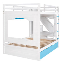 Load image into Gallery viewer, iRerts Wood Bunk Bed Full over Full, Modern Full Over Full Bunk Bed with Trundle, Storage Cabinet, Stairs and Ladders, Full Bunk Beds for Kids Teens Adults Bedroom, White/Blue