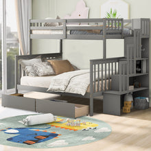 Load image into Gallery viewer, iRerts Twin Over Full Bunk Bed, Wood Bunk Beds Twin Over Full with 2 Drawers and Staircases, Convertible into 2 Beds, Bunk Beds for Kids Teens Adults, Bunk Bed for Bedroom, No Box Spring Needed, Gray
