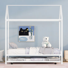 Load image into Gallery viewer, iRerts Twin Size Metal House Bed with Trundle, Kids Twin Bed Frame with Roof and Metal Slats, Twin Size Platform Bed Frame for Kids Bedroom, No Box Spring Needed, White