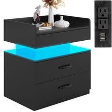 Load image into Gallery viewer, iRerts Side Table with Charging Station, Wood Nightstand with Drawers and LED Lights, Bedside Table with Plug Outlets, 2 USB Ports, Modern End Side Table for Bedroom Living Room Office, Black
