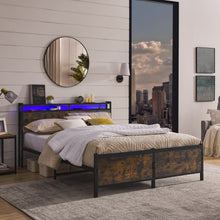 Load image into Gallery viewer, iRerts Queen Bed Frame with LED Lights, Industrial Metal Queen Platform Bed Frame with Headboard, Charging Station, Storage Shelves, Queen Size Bed Frame No Box Spring Needed for Bedroom, Black