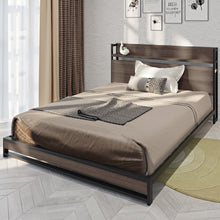 Load image into Gallery viewer, iRerts Queen Bed Frame with Socket, Industrial Metal Queen Platform Bed Frame with Storage Shelf Headboard, No Box Spring Needed, Queen Size Bed Frames for Bedroom, Mocha Wood