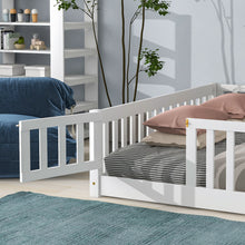 Load image into Gallery viewer, iRerts Queen Floor Bed Frame for Kids Toddlers, Wood Low Floor Queen Size Bed Frame with Fence Guardrail and Door, kids Queen Bed for Boys Girls, No Box Spring Needed, White