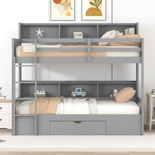 Load image into Gallery viewer, iRerts Twin Over Twin Bunk Bed with Storage Drawer, Wood Twin Bunk Bed with Built-in Shelves Beside Both Upper and Down Bed, Bunk Bed Twin Over Twin for Kids Teens Bedroom, No Box Spring Needed, Gray