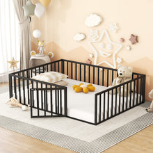 Load image into Gallery viewer, iRerts Queen Floor Bed Frame, Metal Queen Size Montessori Floor Bed Frame with Fence and Door, Kids Toddler Floor Bed Frame Queen Size for Girls Boys, Twin Bed Frame without Bed Slats, Black