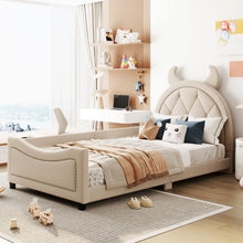 Load image into Gallery viewer, iRerts Twin Size Upholstered Daybed Frame for Kids, Teddy Fleece Twin Platform Bed Frame with OX Hor Shaped Headboard and Footboard, Wood Twin Size Sofa Bed for Girls Boys, Beige