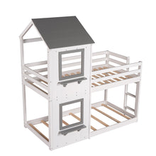 Load image into Gallery viewer, iRerts Low Bunk Beds for for Kids Teens Girls Boys, Wood Twin Over Twin Bunk Bed with Roof Window Guardrail Ladde, Floor Bunk Beds Twin Over Twin No Box Spring Needed for Bedroom, White