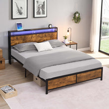 Load image into Gallery viewer, iRerts Queen Platform Bed Frame with Storage, Metal Queen Bed Frame with LED Lights, 2 USB Ports, Storage Headboard, No Box Spring Needed, Industrial Bed Frame Queen Size for Bedroom, Rustic Brown
