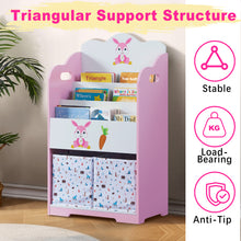 Load image into Gallery viewer, iRerts Kids Bookshelf, Wood 4 Tier Kids Toddler Bookcase with 3 Shelves Book Organizer, 2 Moveable Storage Boxes, Kids Book Shelf Organizer Book Rack Sling Book Display Stand for Kids Bedroom, Pink