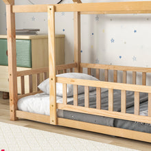 Load image into Gallery viewer, iRerts Floor Twin Bed Frame, Wooden Twin Size Bed Frame for Girls Boys, Twin Bed Frame with House Roof Frame and Fence Guardrails, Toddler House Twin Bed Frame for Kids Bedroom Living Room, Nartural