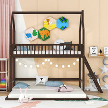Load image into Gallery viewer, iRerts Twin Over Twin Bunk Bed with Extending Trundle, Wood Bunk Bed Twin Over Twin with Ladder and Roof, Versatility Kids Bunk Bed No Box Spring Needed for Boys Girls Bedroom Furniture, Espresso