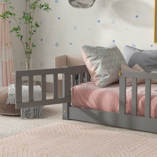 Load image into Gallery viewer, iRerts Twin Floor Bed Frame for Kids Toddlers, Wood Low Floor Twin Size Bed Frame with Fence Guardrail and Door, kids Twin Bed for Boys Girls, No Box Spring Needed, Gray