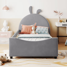 Load image into Gallery viewer, iRerts Upholstered Twin Daybed Frame for Kids, Velvet Twin Platform Bed Frame with Rabbit Ear Shaped Headboard and Footboard, Wood Twin Size Sofa Bed for Girls Boys, Gray