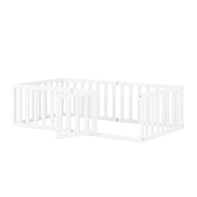 Load image into Gallery viewer, iRerts Twin Floor Bed Frame for Kids Toddlers, Wood Montessori Low Floor Twin Size Bed Frame with Fence Guardrail and Door, kids Twin Bed for Boys Girls, Spring Needed, White