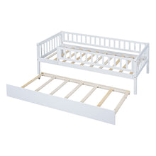 Load image into Gallery viewer, iRerts Daybed with Trundle Included, Wood Twin Daybed Frame for Kids Teens Adults, Twin Size Daybed Frame with Fence Guardrails, Twin Size Platform Bed Frame for Bedroom, No Box Spring Needed, White