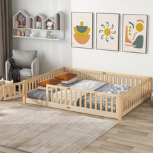 Load image into Gallery viewer, iRerts Queen Floor Bed Frame for Kids Toddlers, Wood Low Floor Queen Size Bed Frame with Fence Guardrail and Door, kids Queen Bed for Boys Girls, No Box Spring Needed, Natural