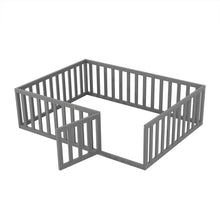 Load image into Gallery viewer, iRerts Full Floor Bed Frame for Kids Toddlers, Wood Montessori Low Floor Full Size Bed Frame with Fence Guardrail and Door, kids Full Bed for Boys Girls, Spring Needed, Gray