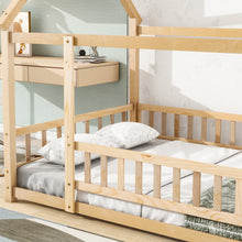Load image into Gallery viewer, iRerts Floor Full Bed Frame, Wooden Full Size Bed Frame for Girls Boys, Full Bed Frame with House Roof Frame and Fence Guardrails, Toddler House Full Bed Frame for Kids Bedroom Living Room, Nartural