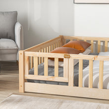 Load image into Gallery viewer, iRerts Queen size Floor Platform Bed, Wood Queen Floor Bed Frame for Kids Toddlers, Low Floor Queen Size Bed Frame with Fence Guardrail, kids Queen Bed for Boys Girls, No Box Spring Needed, Natural
