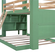Load image into Gallery viewer, iRerts Twin Over Full Bunk Bed with Desk Storage Shelves, Wood Low Bunk Beds for Kids Teens Boys Girls, Floor Bunk Bed Twin Over Full for Kids Bedroom, No Box Spring Need, Green+Natural